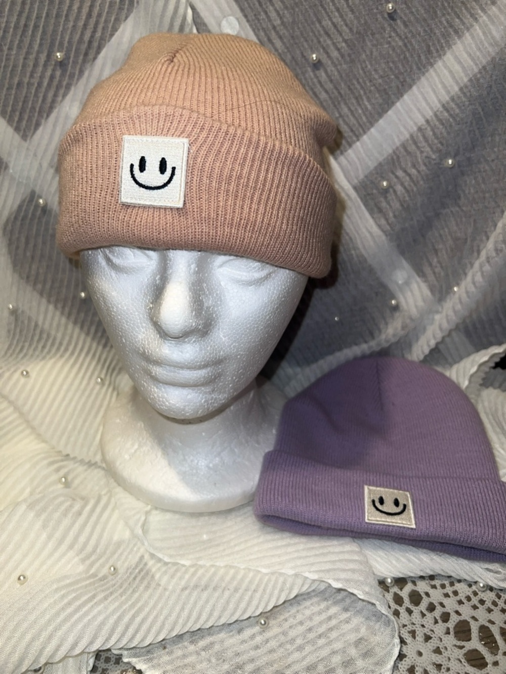 Kids Smiley Beanie - Light Pink and purple